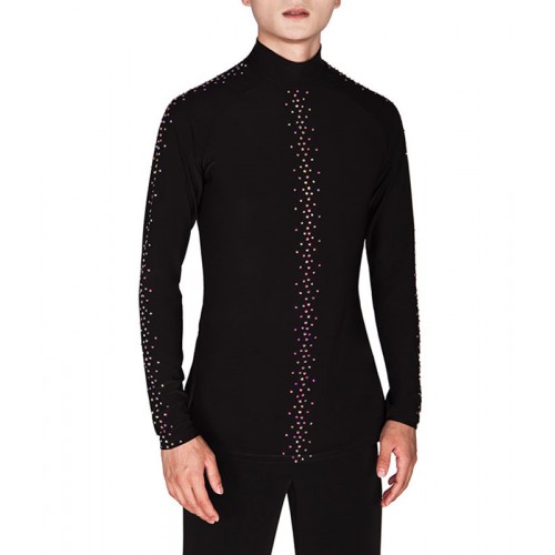 Black red colored Competition Latin ballroom dance tops with diamond for men youth modern waltz tango dance long-sleeved stage performance tops for male